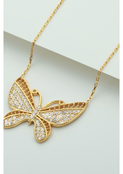925 Ayar Gümüş Gold Kelebek Kolye
