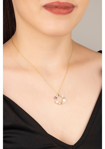 925 Ayar Gümüş Gold Sedefli Güllü Incili Kolye