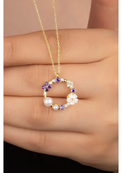 925 Ayar Gümüş Gold Sedefli Güllü Incili Kolye fiyatları