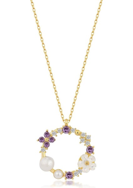 925 Ayar Gümüş Gold Sedefli Güllü Incili Kolye modelleri