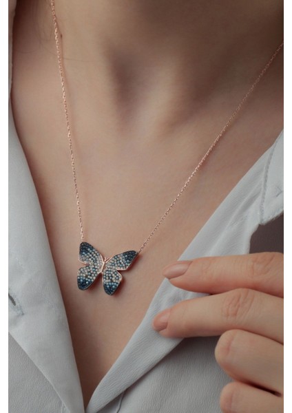 925 Ayar Gümüş Mavi Kelebek Kolye modelleri