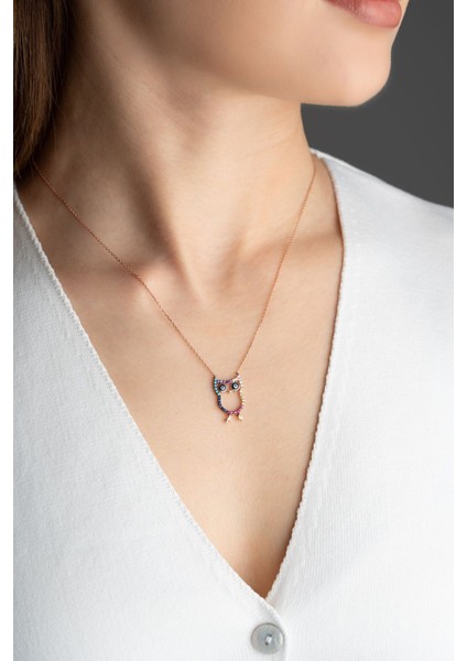 925 Ayar Gümüş Renkli Taşlı Baykuş Kolye