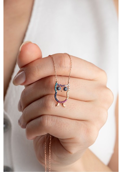 925 Ayar Gümüş Renkli Taşlı Baykuş Kolye fiyatları