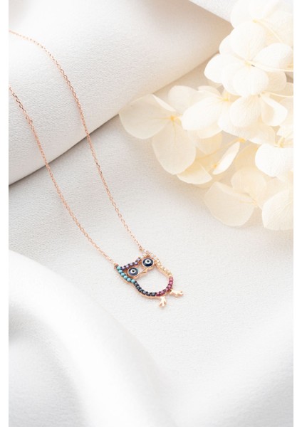 925 Ayar Gümüş Renkli Taşlı Baykuş Kolye fırsatları