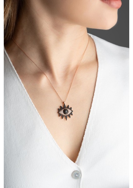 925 Ayar Gümüş Siyah Zirkon Taşlı Göz Kolye