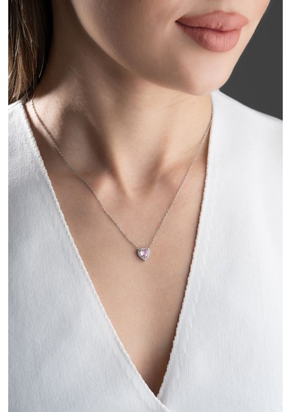 925 Ayar Gümüş Zirkon Taşlı Pembe Kalp Kolye