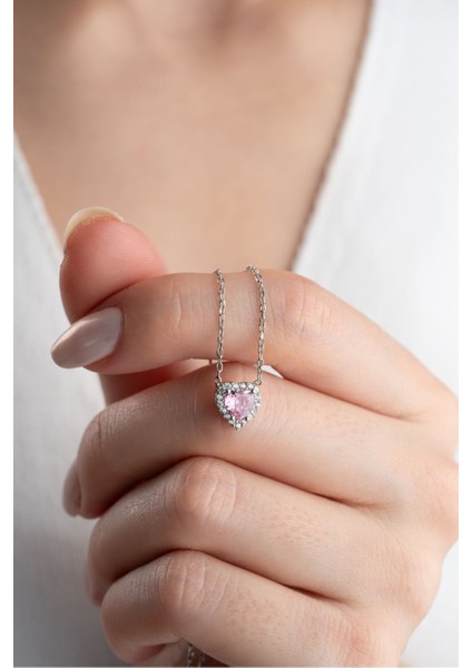 925 Ayar Gümüş Zirkon Taşlı Pembe Kalp Kolye fiyatları