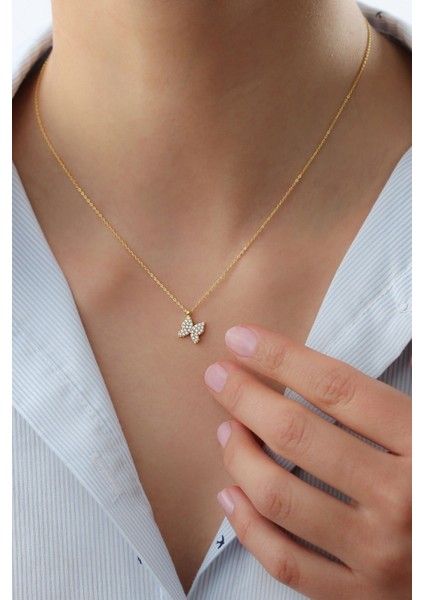 925 Ayar Gold Zirkon Taşlı Kelebek Gümüş Kolye modelleri