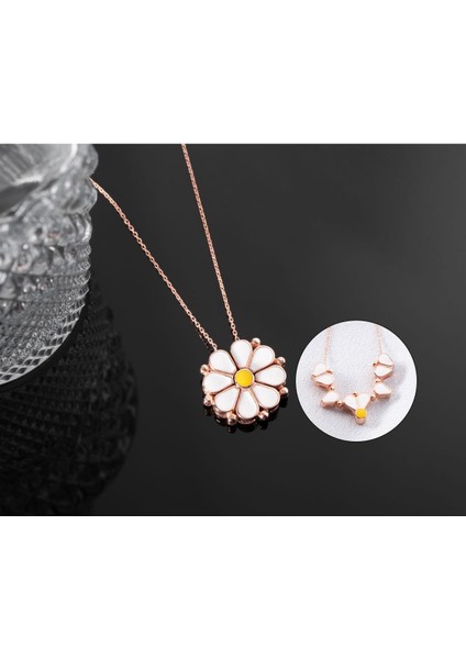925 Ayar Rose Mineli Açılan Papatya Gümüş Kolye