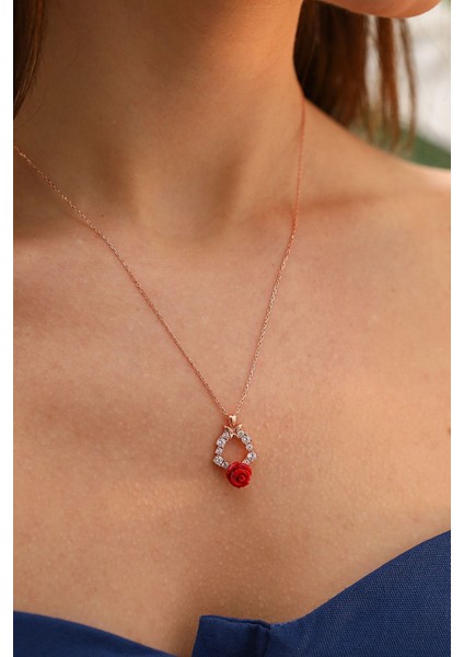 925 Ayar Zirkon Taşlı Damla Gül Rose Gümüş Kolye modelleri