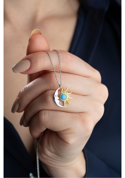 925 Ayar Gümüş Opal Taşlı Ay ve Güneş Kolye fiyatları