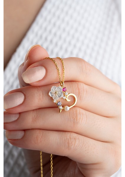 925 Ayar Gümüş Sedef Çiçekli Kalp Kolye modelleri