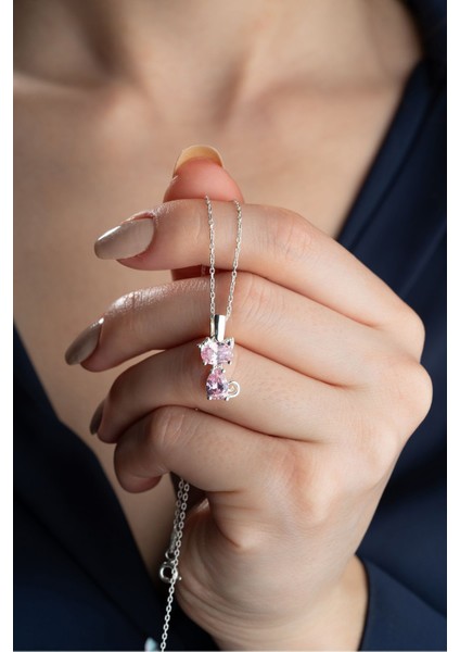 925 Ayar Gümüş Pembe Taşlı Kedi Kolye fiyatları