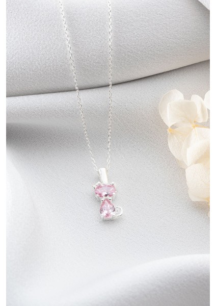 925 Ayar Gümüş Pembe Taşlı Kedi Kolye modelleri