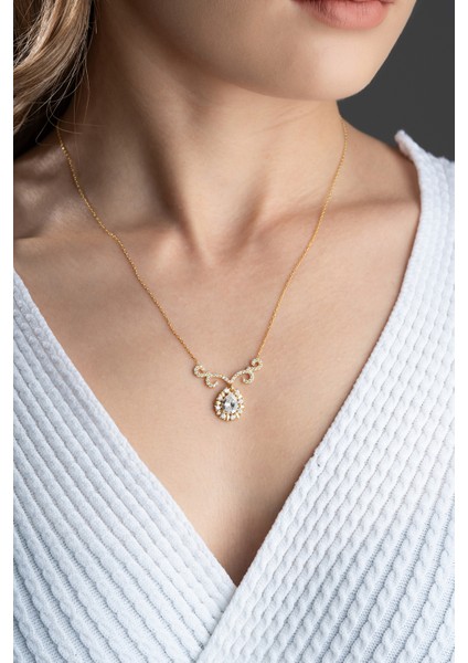 925 Ayar Gümüş Gold Elmas Montür Damla Model Kolye