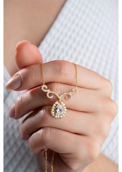 925 Ayar Gümüş Gold Elmas Montür Damla Model Kolye fiyatları