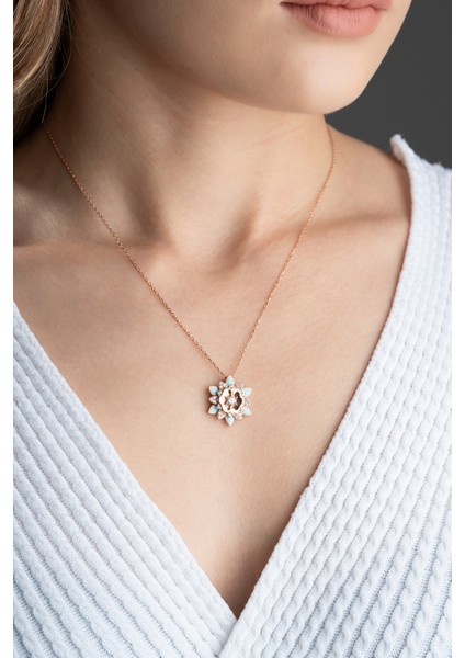 925 Ayar Gümüş Rose Mavi Mineli Lotus Kolye