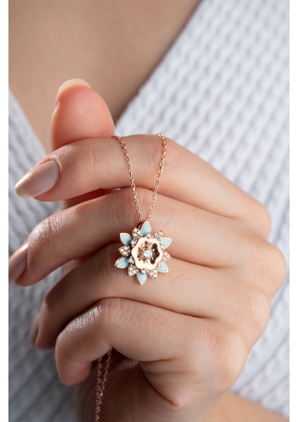 925 Ayar Gümüş Rose Mavi Mineli Lotus Kolye fiyatları