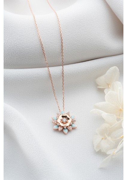 925 Ayar Gümüş Rose Mavi Mineli Lotus Kolye modelleri
