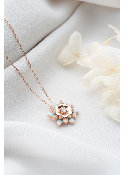 925 Ayar Gümüş Rose Mavi Mineli Lotus Kolye fırsatları