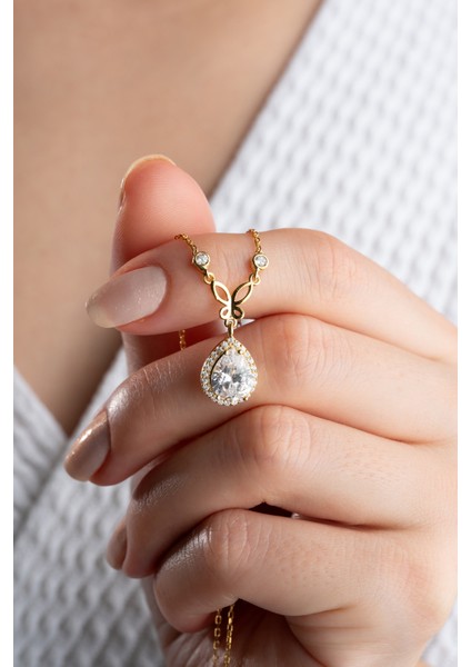 925 Ayar Gümüş Gold Damla Taş Kelebekli Kolye fiyatları