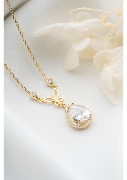 925 Ayar Gümüş Gold Damla Taş Kelebekli Kolye fırsatları