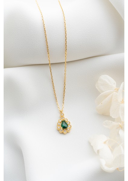 925 Ayar Gümüş Zümrüt Taşlı Damla Kolye