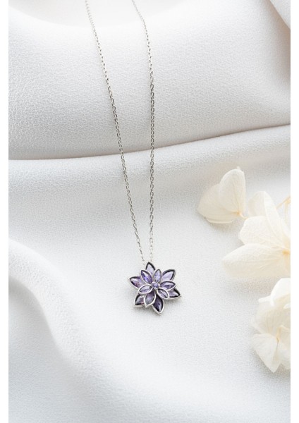 925 Ayar Gümüş Mor Lotus Çiçeği Kolye