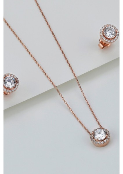 925 Ayar Gümüş Pırlanta Model Kolye Küpe Seti ( Rose Gold )