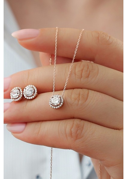 925 Ayar Gümüş Pırlanta Model Kolye Küpe Seti ( Rose Gold ) fiyatları
