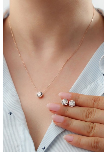 925 Ayar Gümüş Pırlanta Model Kolye Küpe Seti ( Rose Gold ) modelleri