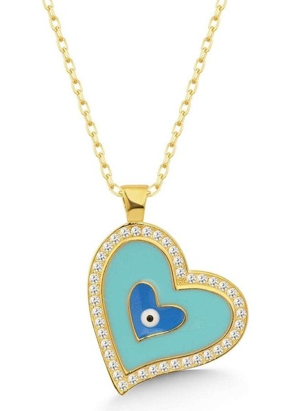 925 Ayar Gümüş Gold Mineli Nazar Kalp Kolye