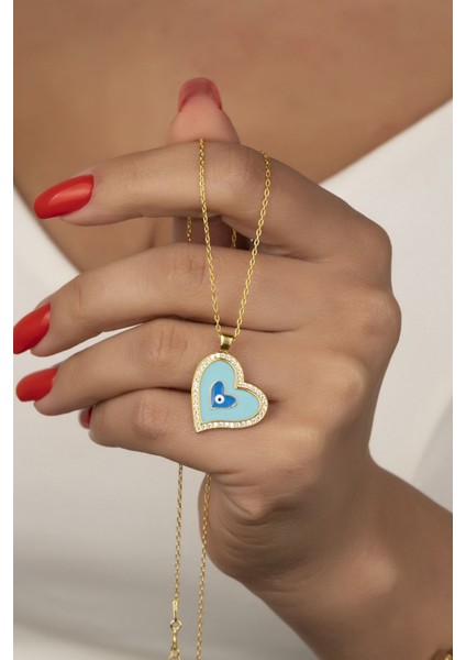 925 Ayar Gümüş Gold Mineli Nazar Kalp Kolye fiyatları