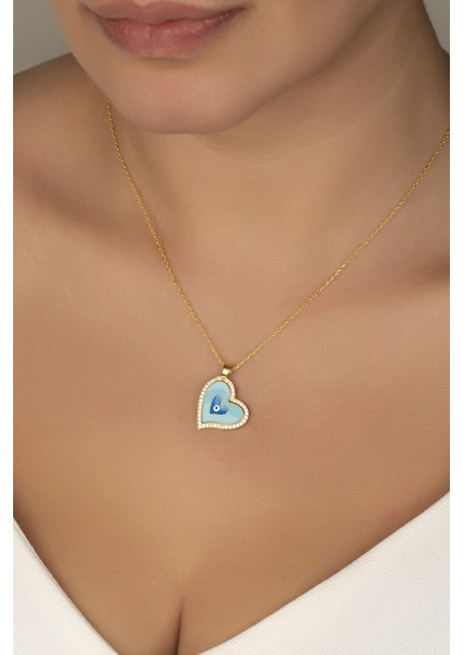 925 Ayar Gümüş Gold Mineli Nazar Kalp Kolye modelleri