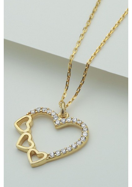 925 Ayar Gümüş Gold Üçlü Kalp Kolye