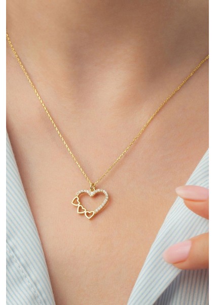 925 Ayar Gümüş Gold Üçlü Kalp Kolye modelleri