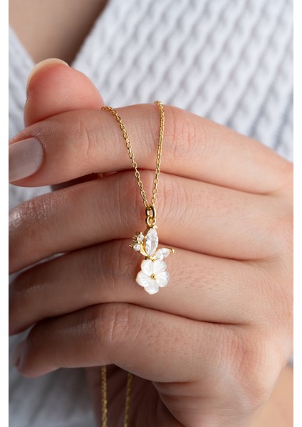 925 Ayar Gümüş Gold Minik Sedefli Çiçek Kolye fiyatları