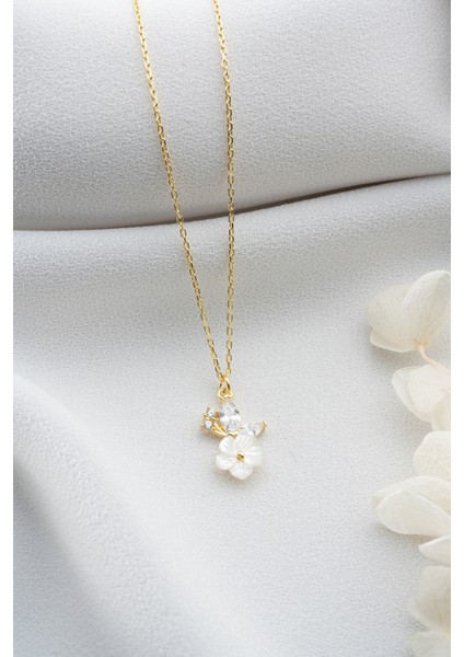925 Ayar Gümüş Gold Minik Sedefli Çiçek Kolye modelleri