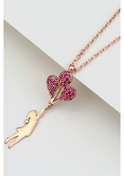 925 Ayar Gümüş Kırmızı Zirkon Taşlı Balonlu Kız Kolye