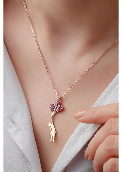 925 Ayar Gümüş Kırmızı Zirkon Taşlı Balonlu Kız Kolye modelleri