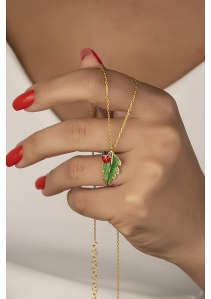 925 Ayar Gümüş Gold Uğur Böcekli Yaprak Kolye fiyatları