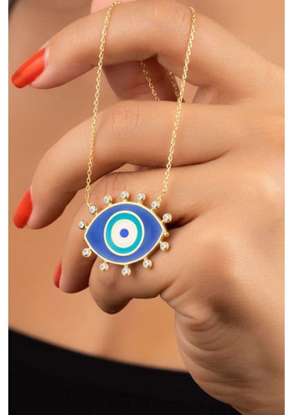 925 Ayar Gümüş Gold Taşlı Mineli Nazar Kolye fiyatları