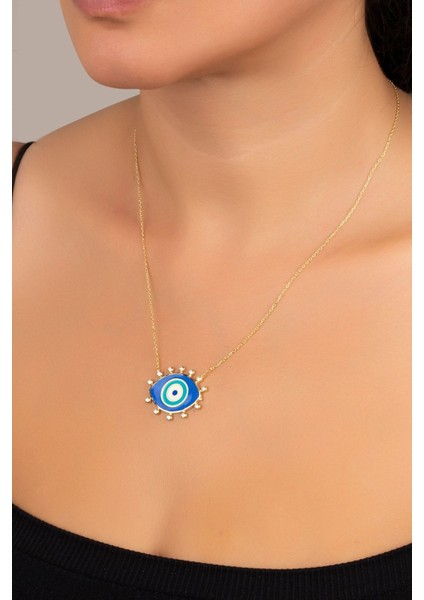 925 Ayar Gümüş Gold Taşlı Mineli Nazar Kolye modelleri