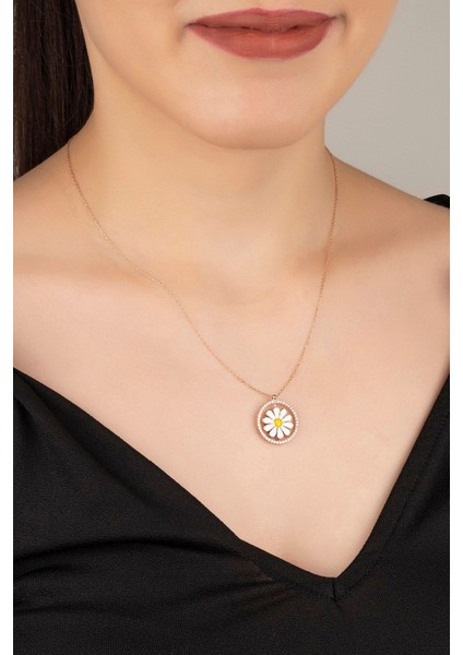 925 Ayar Rose Zirkon Taşlı Mineli Papatya Gümüş Kolye