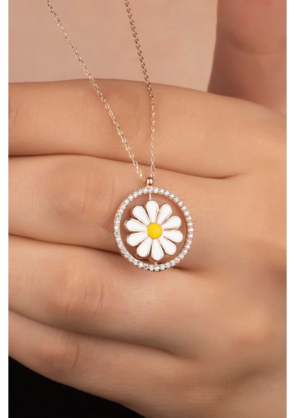925 Ayar Rose Zirkon Taşlı Mineli Papatya Gümüş Kolye fiyatları
