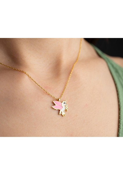 925 Ayar Gold Mineli Pembe Mineli Unicorn Gümüş Kolye