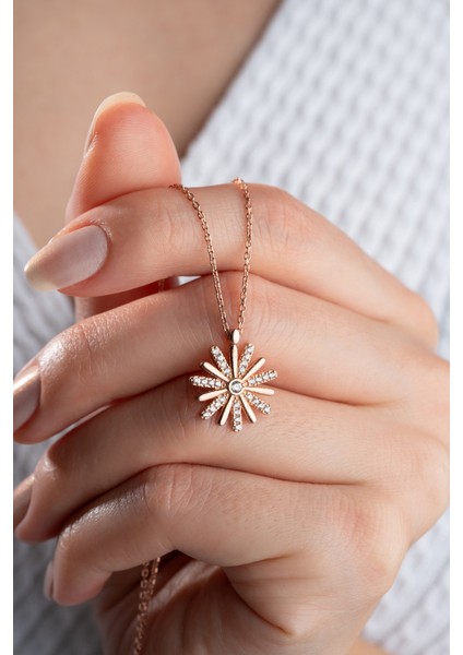 925 Ayar Gümüş Rose Zirkon Taşlı Çiçek Kolye modelleri
