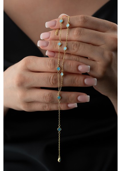 925 Ayar Gümüş Turkuaz Taşlı Yonca Y Kolye