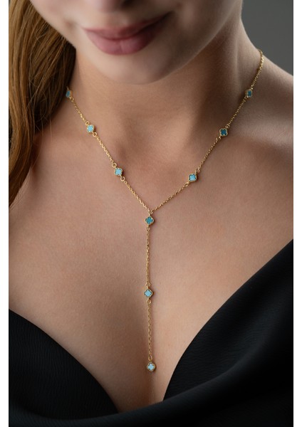 925 Ayar Gümüş Turkuaz Taşlı Yonca Y Kolye modelleri