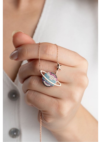 925 Ayar Gümüş Rose Renkli Taşlı Gezegen Kolye fiyatları